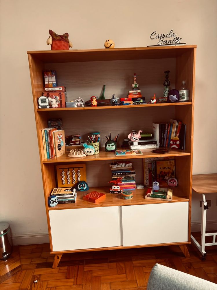 Estante com livros, jogos e brinquedos